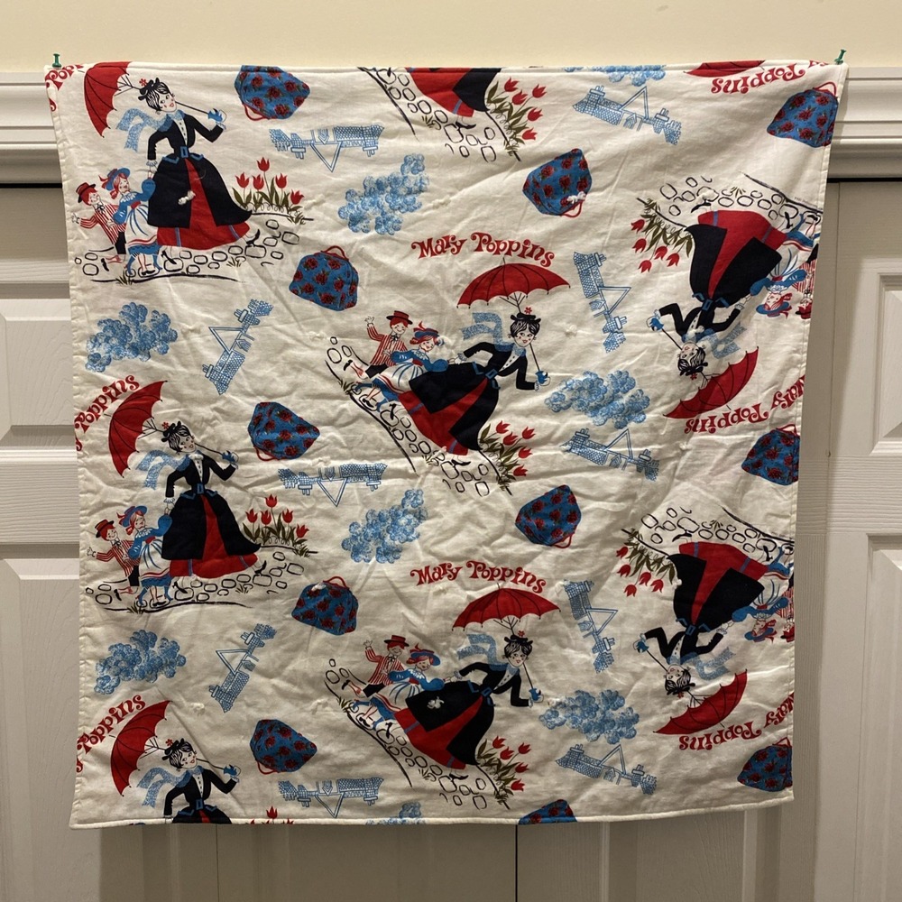 Mary Poppins Blanket VTG Hand Sewn 33x33‎ Umbrellas Rooftop Children Daisy Bag